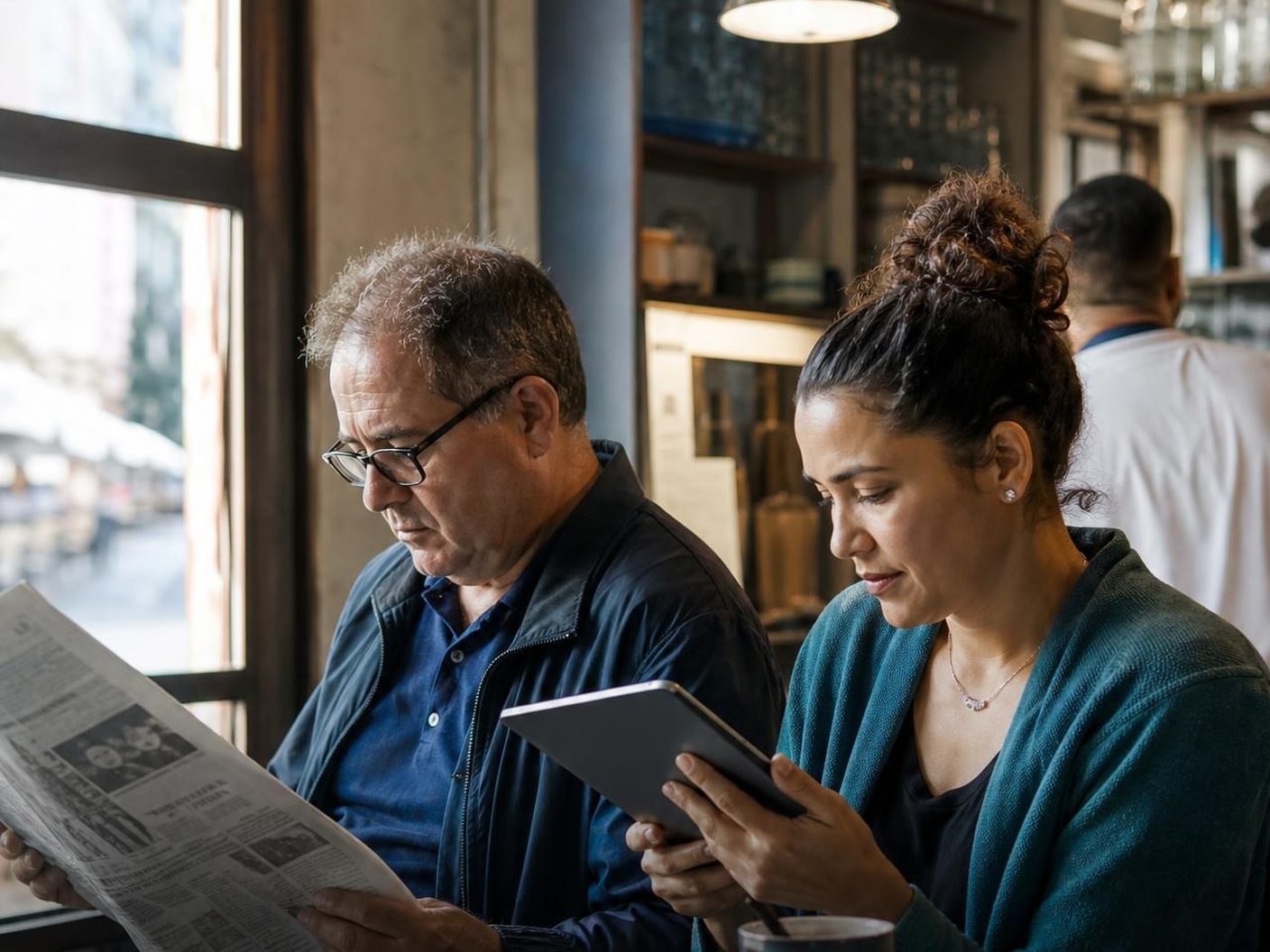 Un hombre lee el periódico y una mujer consulta noticias en la tableta en un café