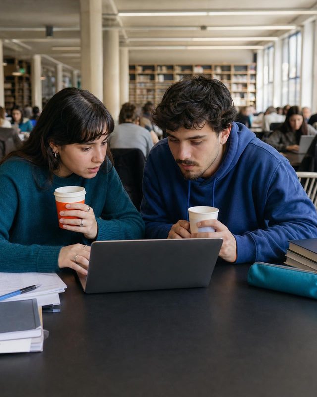 Dos estudiantes comparan respuestas de un asistente de IA en un portátil