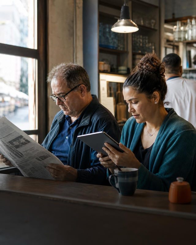 Un hombre lee el periódico y una mujer consulta noticias en la tableta en un café