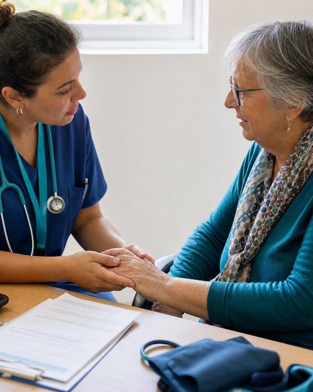 Una enfermera conversa con una paciente mayor en una consulta