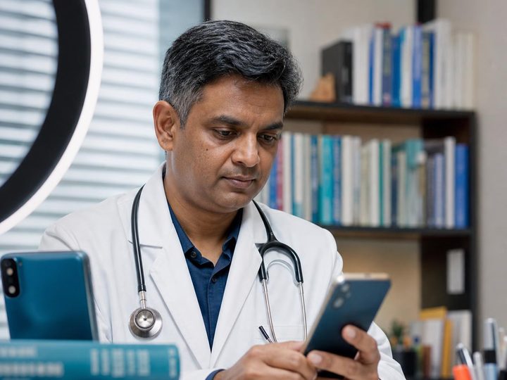 A doctor checks an AI assistant's answer on his phone