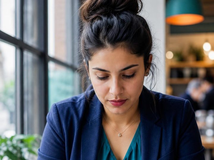 A woman reads on her phone with a tablet on the table