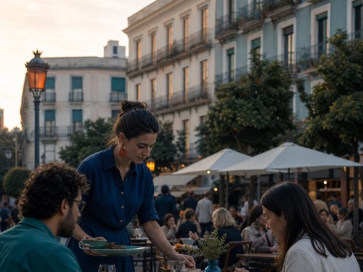 A square with terraces at dusk